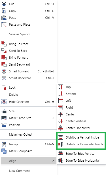 Distribute Vertical Inside and Distribute Horizontal Inside Commands from the Align Submenu from the Context-sensitive Menu for the Selected Objects Distribute Vertical Inside and Distribute Horizontal Inside Commands from the Align Submenu from the Context-sensitive Menu for the Selected Objects
